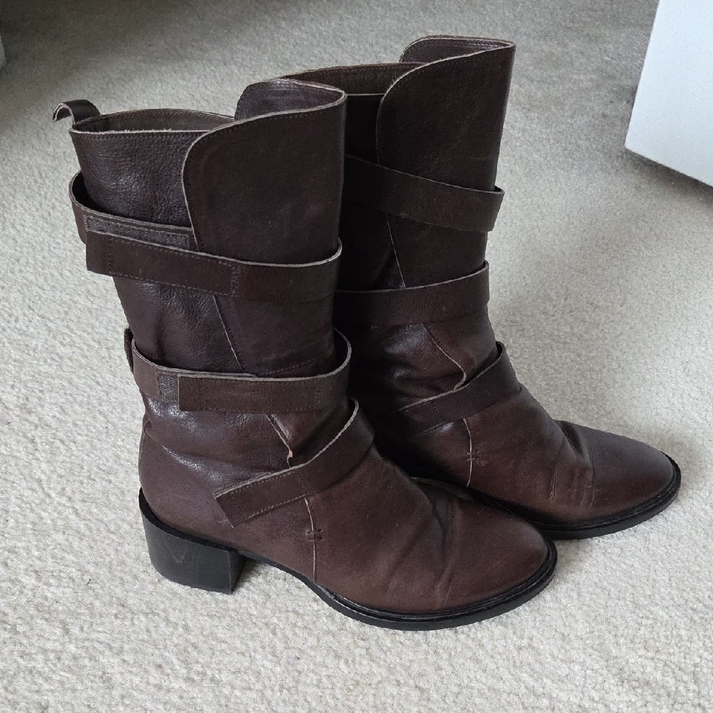 COCLICO Dark Brown Leather Combat Block Heel Boots w Velcro Closure Straps - Picture 3 of 9